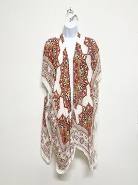 Amoli Womens Cream Rust Floral Printed Boho Tile Print Open Kimono Cardigan OS